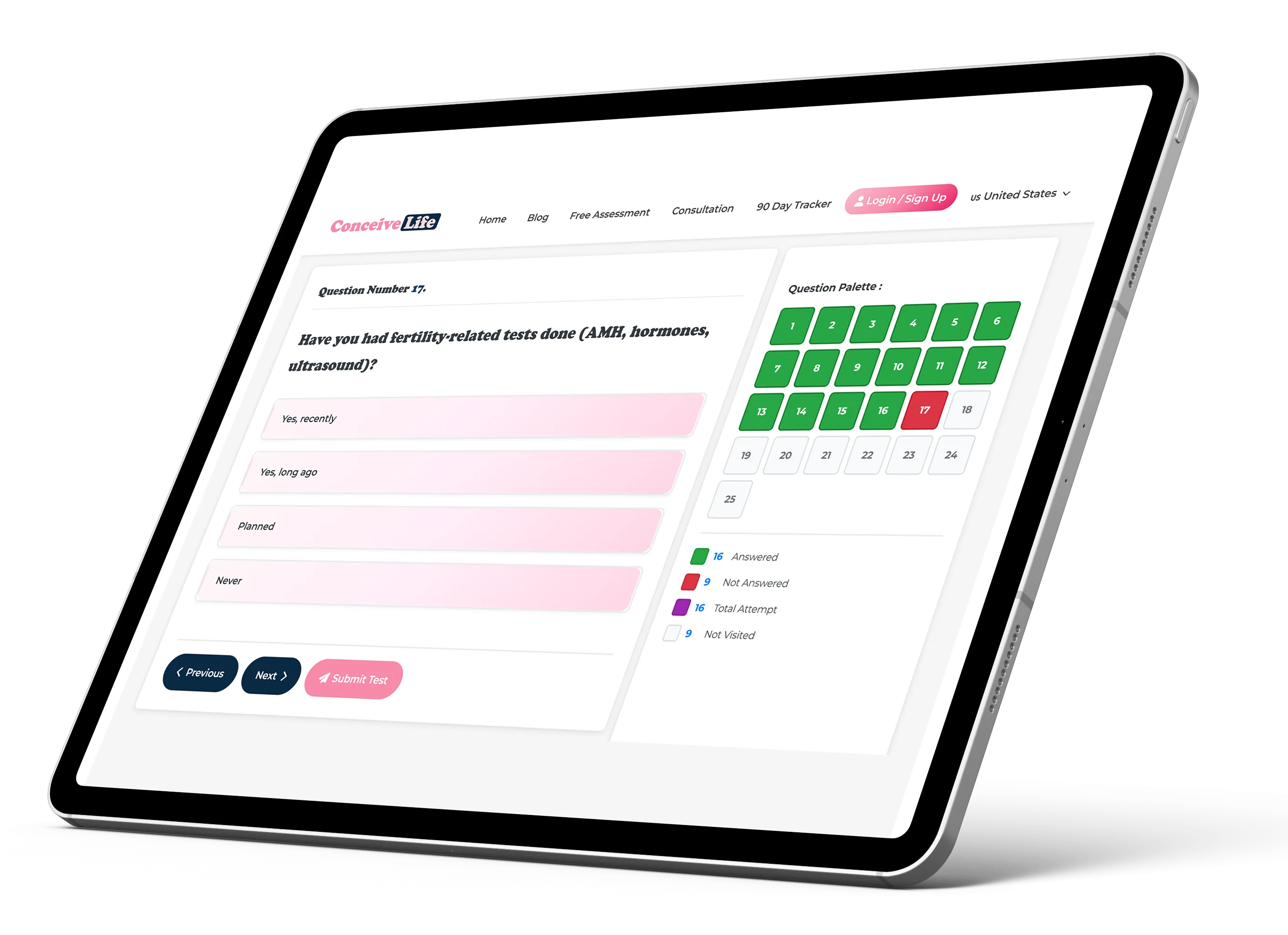 Free Conceive Life fertility health assessment on a tablet